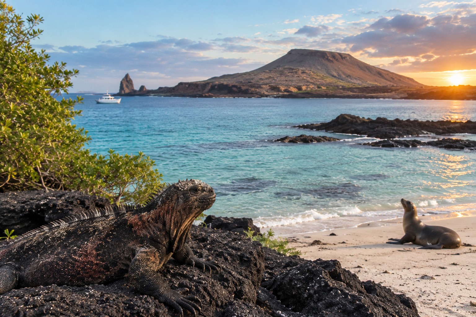 Eine Meerechse auf schwarzem Lavagestein und ein Seelöwe am Sandstrand bei Sonnenuntergang, im Hintergrund türkisfarbenes Meer, ein Boot und eine Vulkaninsel, Galápagos-Inseln
